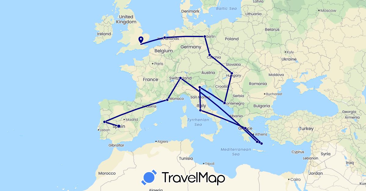 TravelMap itinerary: driving in Switzerland, Czech Republic, Germany, Spain, France, United Kingdom, Greece, Croatia, Hungary, Italy, Netherlands, Portugal (Europe)